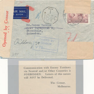 Luftpostbrev Australien-Sverige 1939