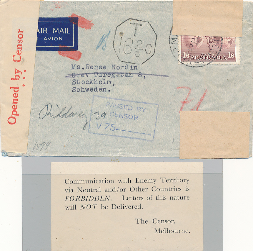 Luftpostbrev Australien-Sverige 1939